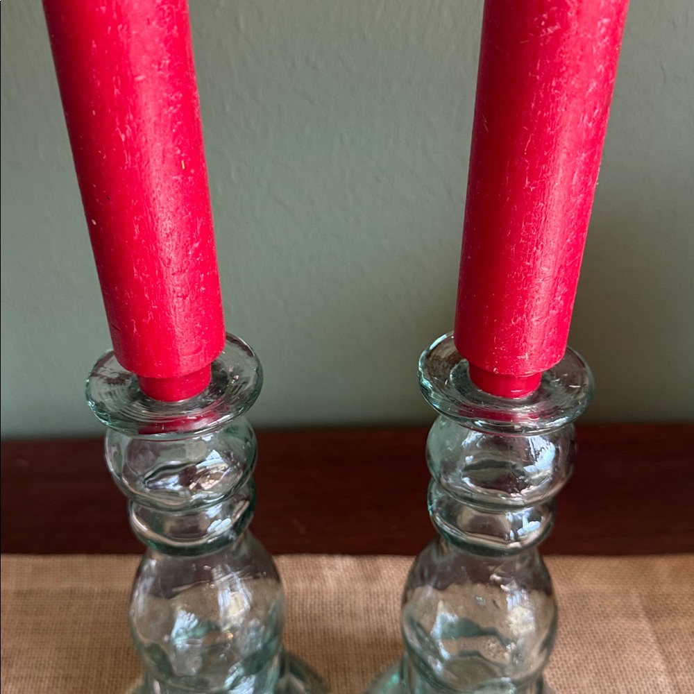 Pottery Barn Pair of Green Recycled Glass Candle Sticks Made in Spain ~8” - Picture 9 of 10
